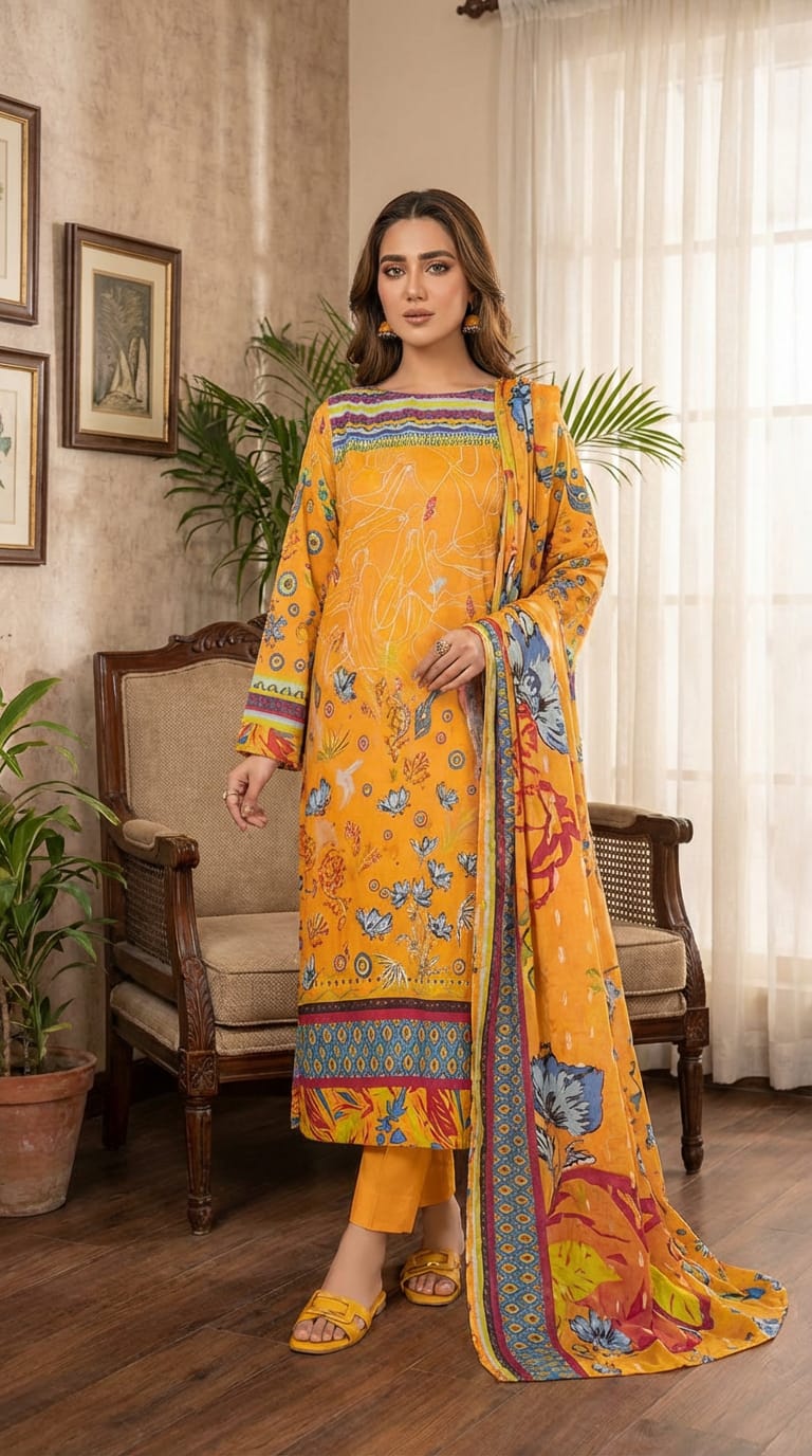 Ghania brand Ladies 3 Piece Lawn Suit – Unstitched – Summer Collection