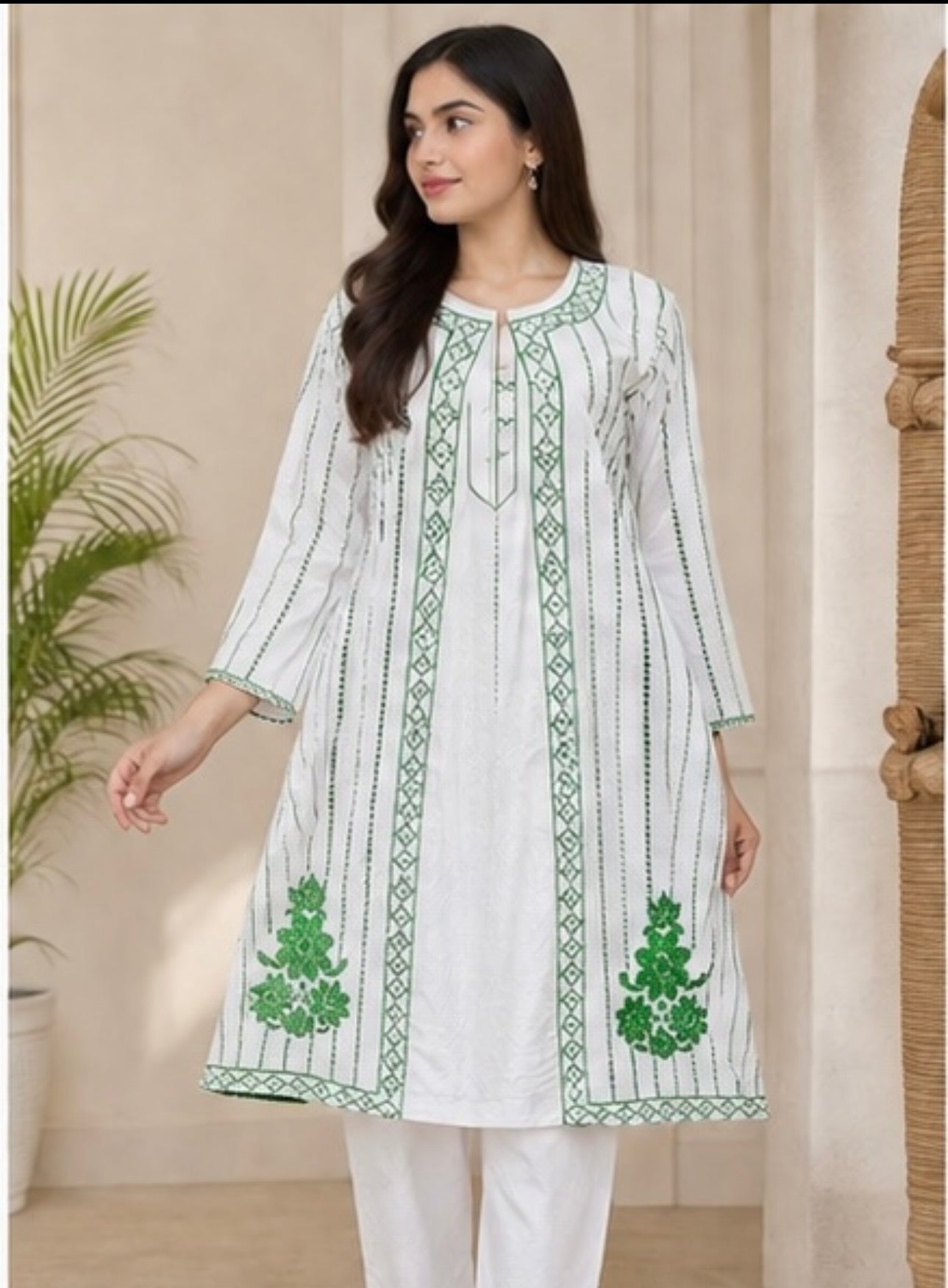 Green Embroidered 2 Piece Suit – White (Ready to Wear)