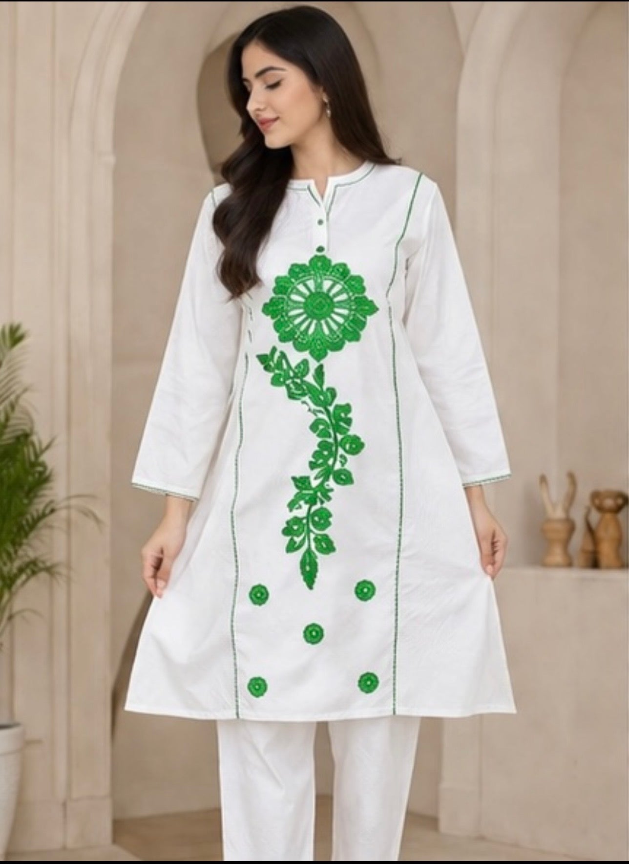 Green Embroidered 2 Piece Suit – White (Ready to Wear)