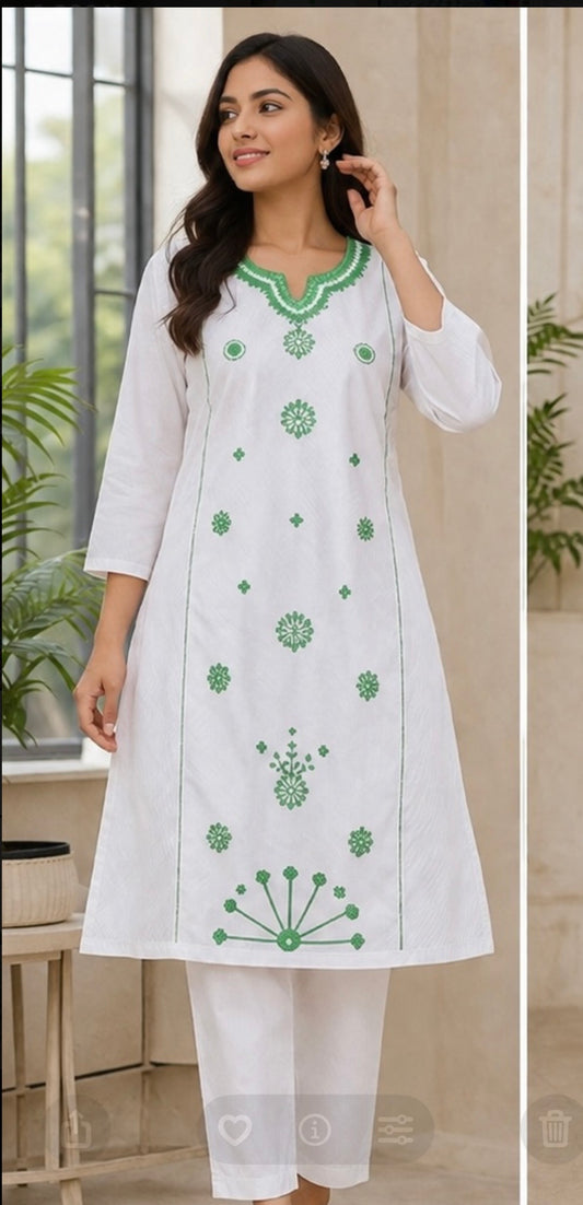 Green Embroidered 2 Piece Suit – White (Ready to Wear)