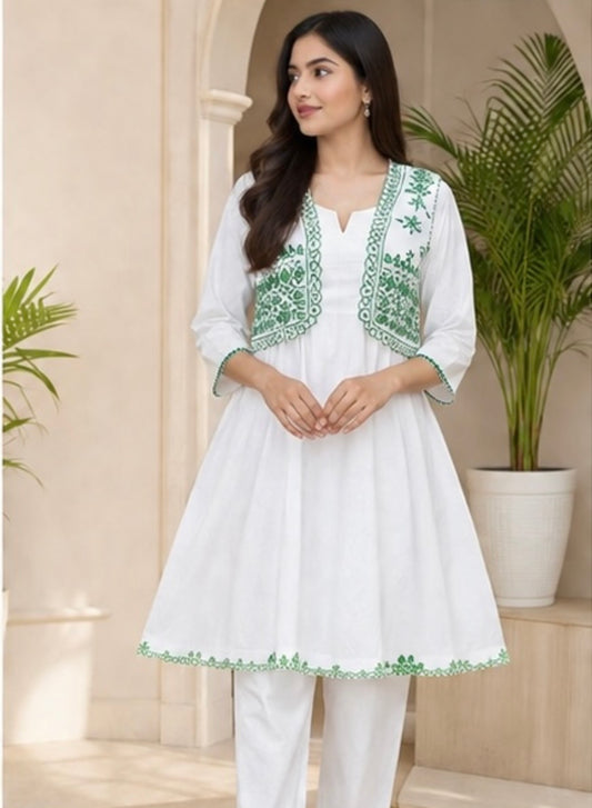 Green Embroidered 2 Piece Suit – White (Ready to Wear)