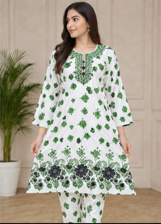 Green Embroidered 2 Piece Suit – White (Ready to Wear)