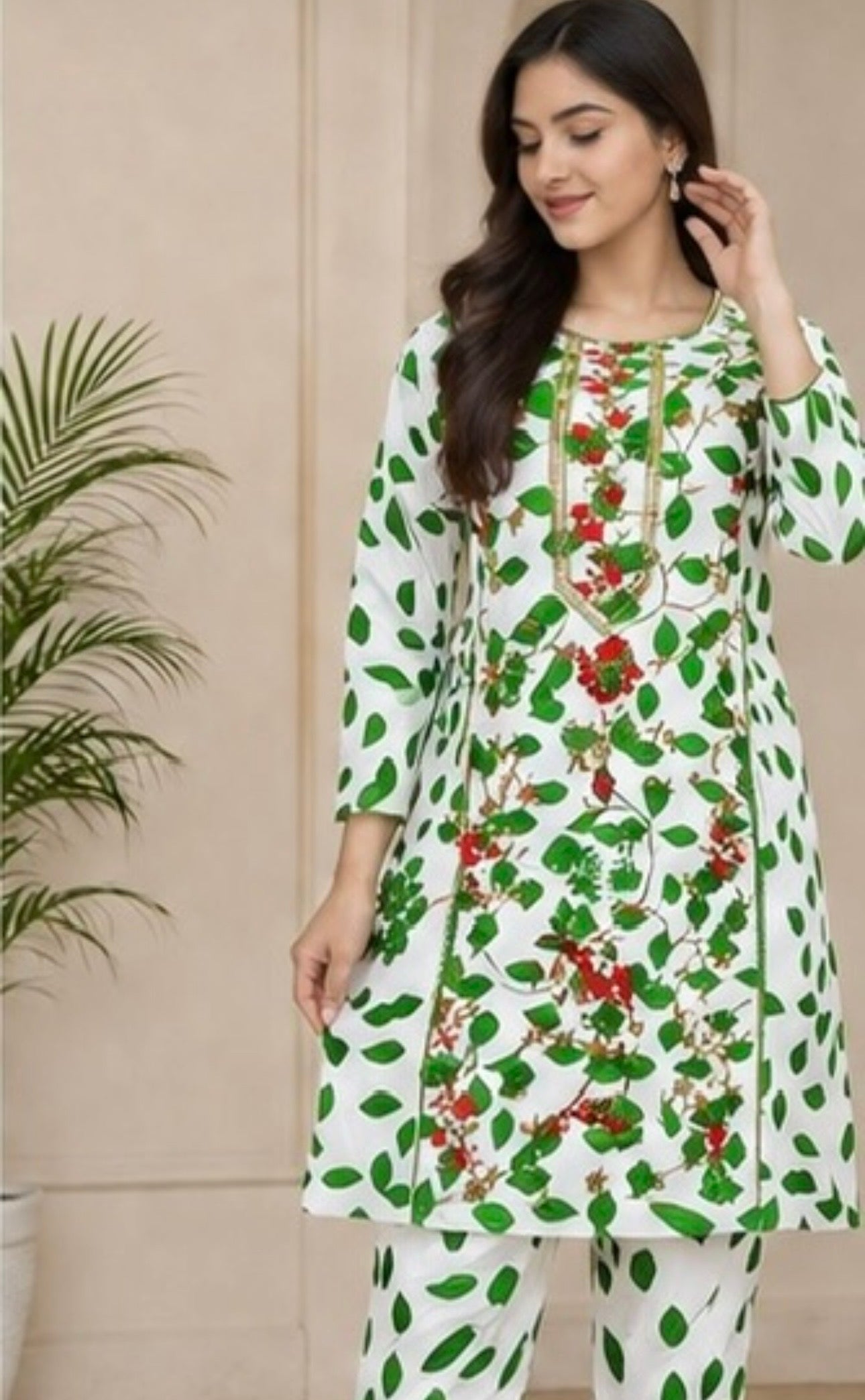 Green Embroidered 2 Piece Suit – White (Ready to Wear)