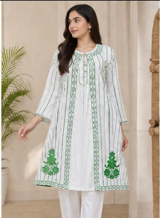 Green Embroidered 2 Piece Suit – White (Ready to Wear)