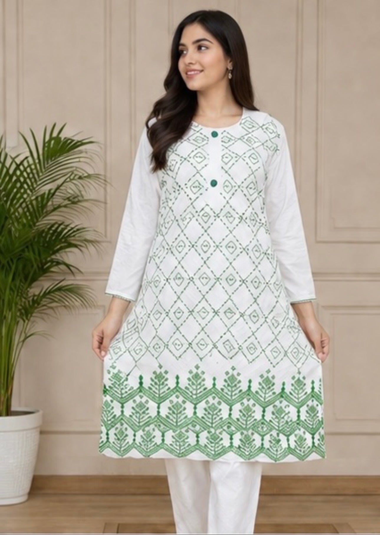 Green Embroidered 2 Piece Suit – White (Ready to Wear)