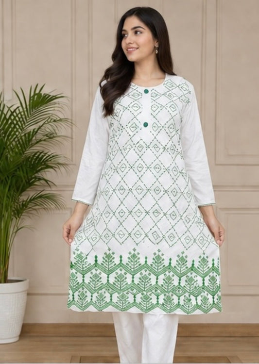 Green Embroidered 2 Piece Suit – White (Ready to Wear)