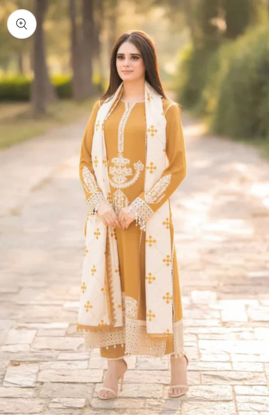 WINTER UNSTITCHED EMBROIDERED DHANAK 3PC WITH DHANAK EMBROIDERED SHAWL