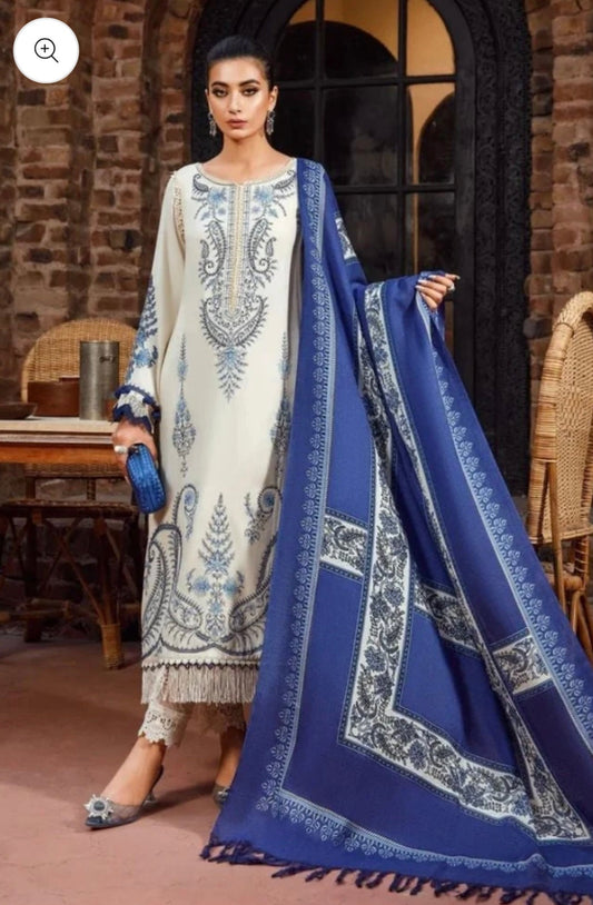 Maria B - 3PC Unstitched Dhanak Embroidered Shirt with Printed Wool Shawl and Trouser
