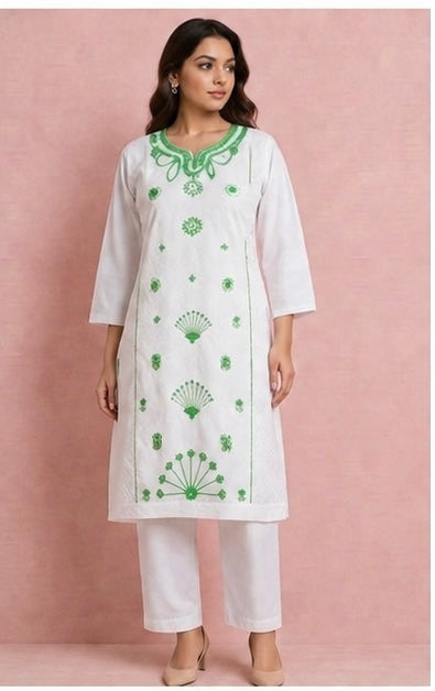 Green Embroidered 2 Piece Suit – White (Ready to Wear)