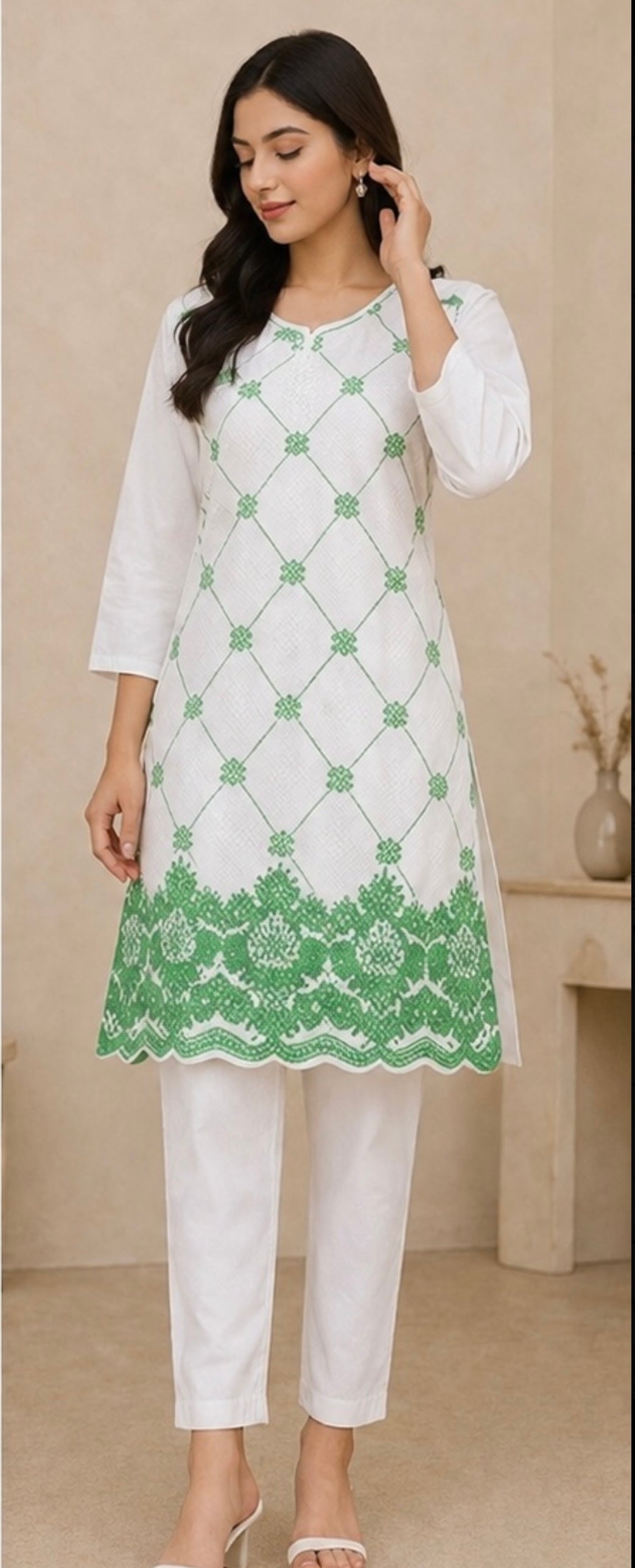Green Embroidered 2 Piece Suit – White (Ready to Wear)