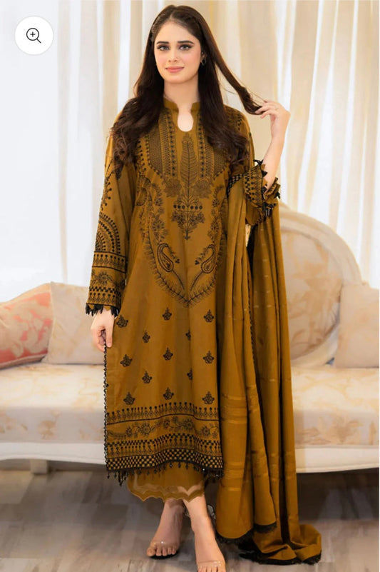 3PC DHANAK EMBROIDERED SHIRT WITH DHANAK EMBROIDERED SHAWL & EMB TROUSER