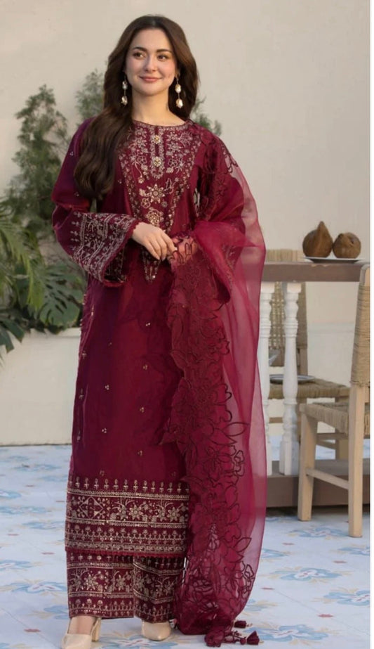 ALLEY'S UNSTITCHED DHANAK EMBROIDERED 3PC WITH SHAWL