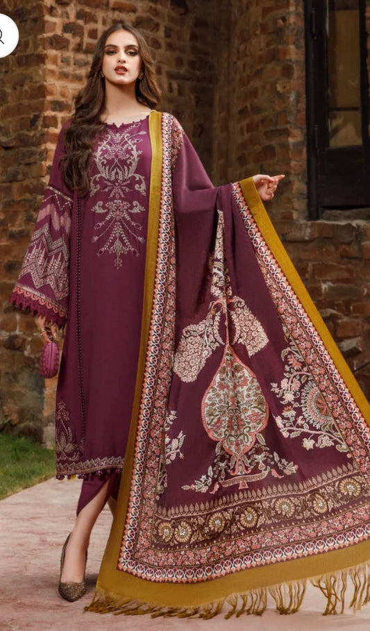 Maria B - 3PC Unstitched Dhanak Embroidered Shirt with Printed Shawl and Trouser