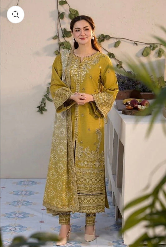 QALAMKAR UNSTITCHED DHANAK EMBROIDERED 3PC WITH TWILL WOOL PRINTED SHAWL