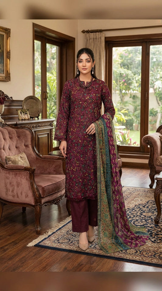 Fizza noor  ladies 3 Piece Lawn Suit – Unstitched – Summer Collection