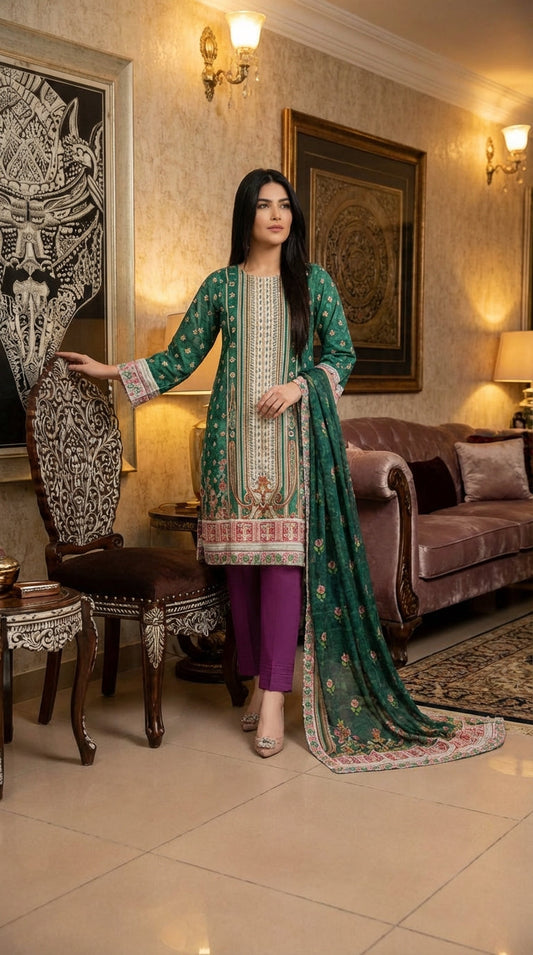 Firdous brand  Ladies 3 Piece Lawn Suit – Unstitched – Summer Collection